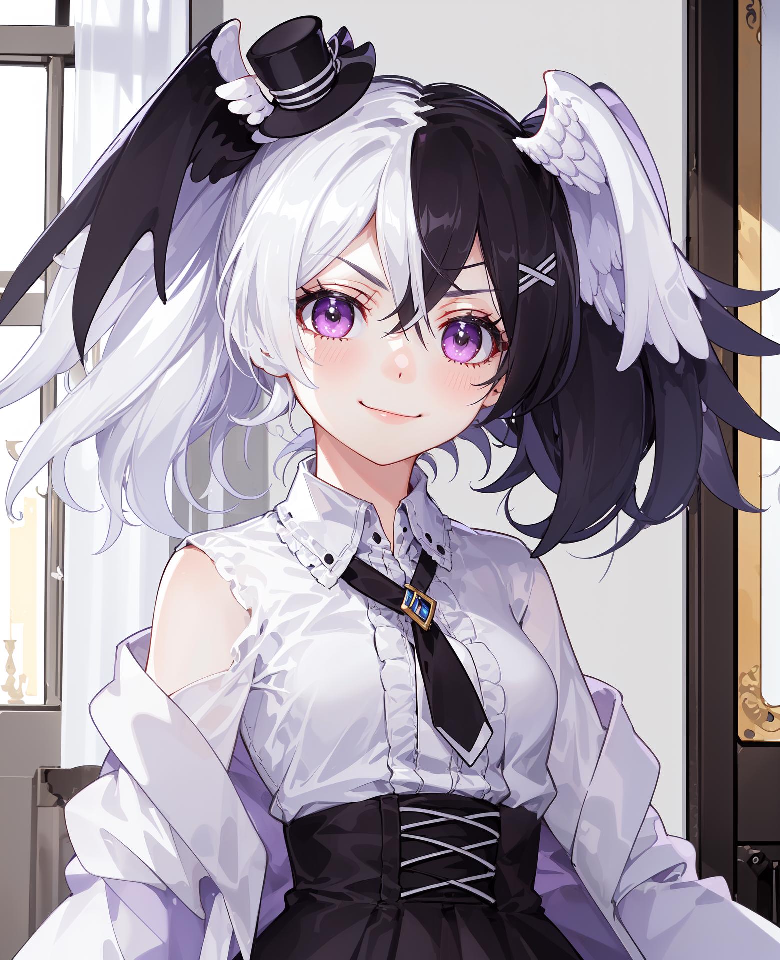 Anime girl with white hair and black dress and a top hat - SeaArt AI