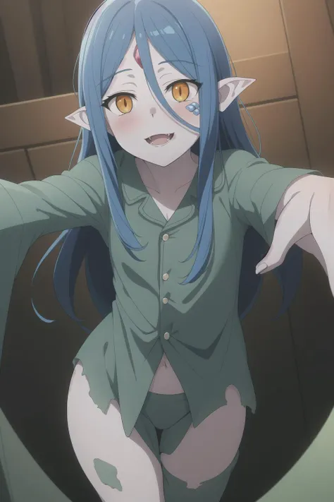 <lora:Wiene:0.6>, solo, wiene, monster girl, blue scales, forehead jewel, blue skin, standing, t-shirt, from side,