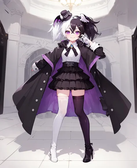 ((masterpiece, best quality, high detailed:1.2)), 8k uhd, 1girl, slender, solo, <lora:FranGakuenV1:0.8>, fran gakuen, ((closed mouth, smirk:1.2)), dress, (small breasts), medium hair, ((two tone hair, white hair, black hair, twin tails, hair accesory)), ((white shirt, coat, high heel boots, mismatched legwear, mini hat, head wings:1.4)), indoors, ((full body, looking at viewer:1.2)), daylight, vivid colors