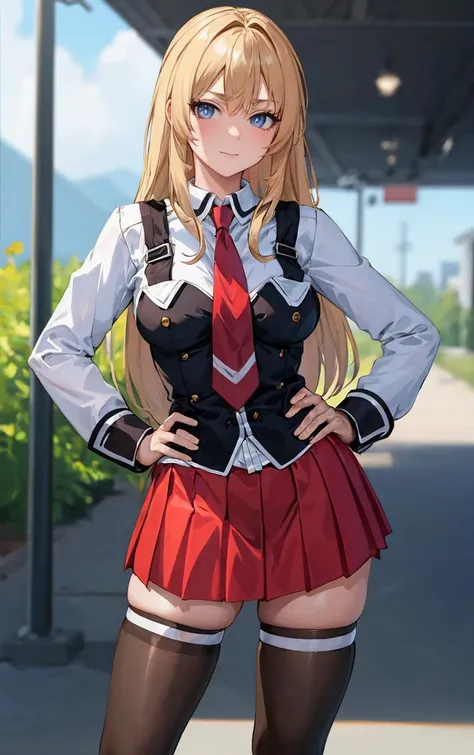 ((masterpiece, best quality)), insaneres, absurdres, solo, outdoors,
CLOTHING_BibleBlack_SchoolDress_ownwaifu, 
1girl, blonde hair,  long hair, blue eyes, 
black vest, red skirt, white shirt, collared shirt, suspenders, school uniform, black thighhighs, zettai ryouiki, necktie, long sleeves, pleated skirt, red necktie, 
(contrapposto, hand on hip)<lora:CLOTHING_BibleBlack_SchoolDress_ownwaifu:1>,
lens flare, depth of field, bokeh, embers, vanishing point, looking at viewer,