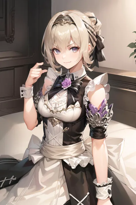 (masterpiece, best quality, high detailed:1.2), 8k uhd, 1girl, (white shirt, bare shoulders:1.4), slender, solo, <lora:KingsRaidPriscilla-ProtoV1-08:0.8>, kr priscilla, (closed mouth, smirk:1.2), (medium hair, long braid), maid apron, hairband, flower, (large breasts), (maid:1.2), indoors, (cowboy shot, looking at viewer, frontal:1.2), night