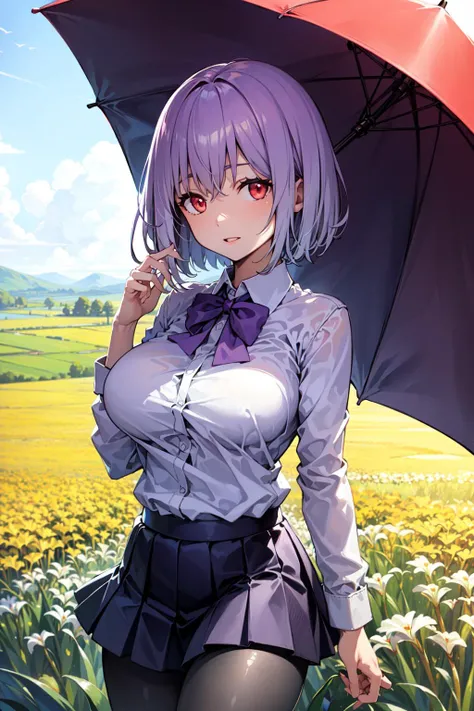 masterpiece, best quality, highly detailed, aaakane, short hair, red eyes, large breasts, purple bowtie, collared shirt, white shirt, pleated skirt, black skirt, pantyhose,
, detailed background, landscape, field, <lora:add_detail_v5:0.2> , sexy, looking at viewer, intricate iris, <lora:eyesgen:0.65>, <lora:shinjou_akane_v2:1.0>