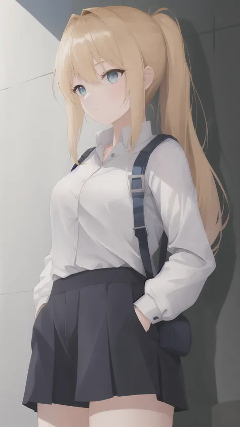 ((​masterpiece))、(top-quality)、(detaileds)、(1girl)、Blue glowing eyes、white  shirt、a black skirt、looking down to viewer