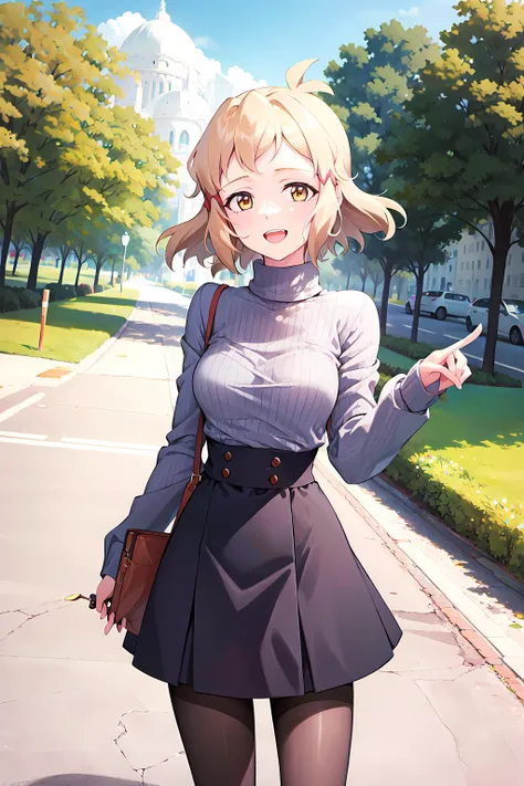 masterpiece, best quality, Hibiki , blonde hair, sweater , high-waist skirt, pantyhose, outdoor, happy , clutch bag
<lyco:Hibiki flexible:1.0> , thflex, tachibana hibiki \(symphogear\)