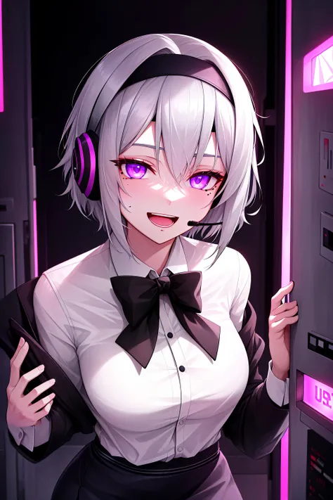 girl, gray hair, short hair, mole on cheek, headband, headset, blouse, black formal skirt, looking at viewer, very happy, violet neon lighting, security, confidence, imposing, charisma, ambition, close-up, detailed background , narrow alley,