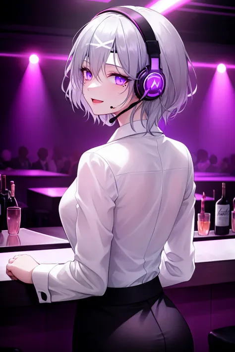 girl, gray hair, short hair, mole on cheek, headband, headset, white shirt formal, black formal skirt, very happy, violet neon lighting, security, confidence, imposing, charisma, ambition, detailed background , placing an order at the bar, nightclub, back to viewer,