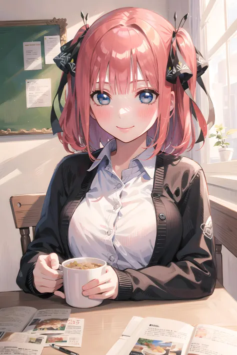 (masterpiece:1.2), best quality, high resolution, unity 8k wallpaper, (illustration:1.0), (beautiful detailed eyes:1.6), extremely detailed face, perfect lighting, extremely detailed CG, (perfect hands,perfect anatomy), (dynamic angle and pose:1.3), nice angle, nakano nino, shirt, skirt, v, breasts, smile, naughty face, beautiful blue eyes, white shirt, looking at viewer, hair ribbon, large breasts, red hair, blush, (green skirt:1.2), collared shirt, closed mouth, blunt bangs, black ribbon, open clothes, cardigan, long sleeves, short hair, black cardigan, two side up, open cardigan, school uniform, holding, holding cup,<lora:Char_QQ_NakanoNino:0.6>, food, simple background, elbows on table, cup, blurry background, indoors, upper body, <lora:acrossTableConcept_v10:1>