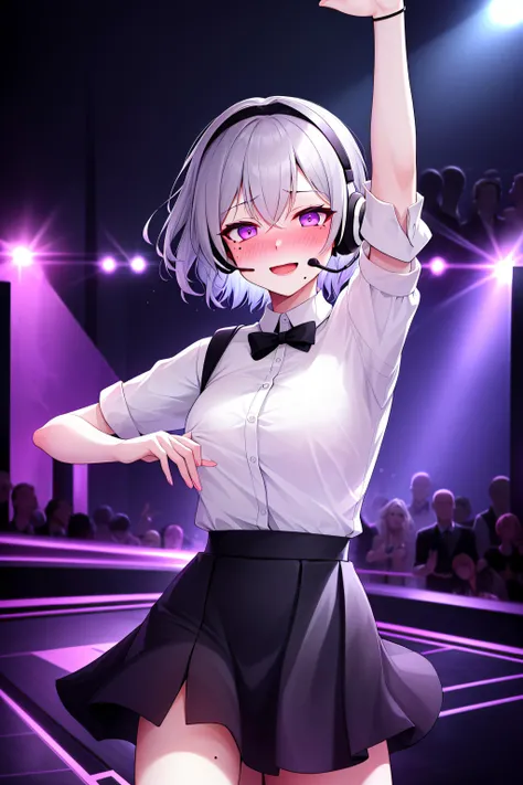 girl, gray hair, short hair, mole on cheek, headband, headset, blousel, rolled up sleeves,black formal skirt, very happy, violet neon lighting, security, confidence, imposing, charisma, ambition, detailed background , dancing, several people, nightclub ,(flushed, drunk) , (((blush)))