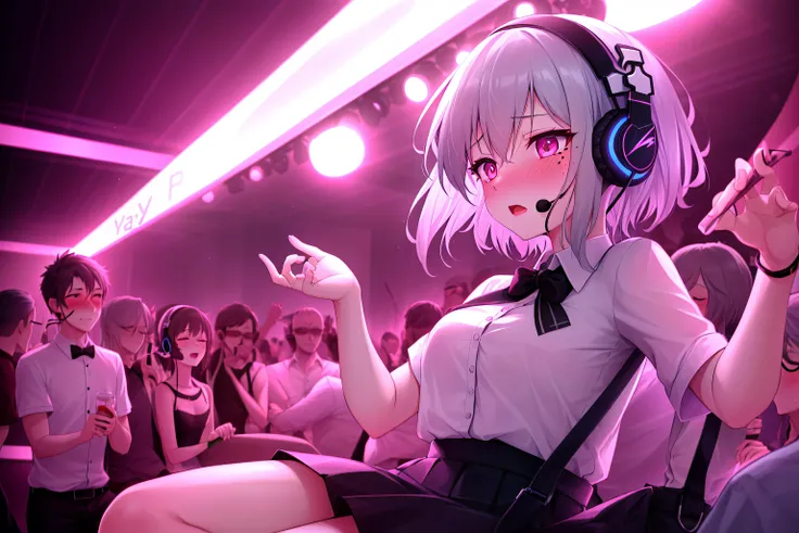 1girl, gray hair, short hair, mole on cheek, headband, headset, blousel, rolled up sleeves,black formal skirt, violet neon lighting, detailed background , nightclub ,(flushed, drunk ),((blush)),throwing up in a bag