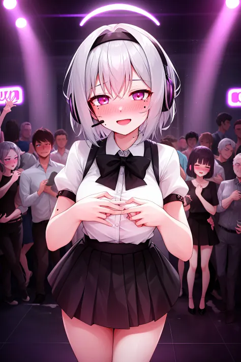girl, gray hair, short hair, mole on cheek, headband, headset, blousel, rolled up sleeves,black formal skirt, very happy, violet neon lighting, security, confidence, imposing, charisma, ambition, (detailed background) , several people, nightclub ,(flushed, drunk) , (((blush))) ,incoming Hug