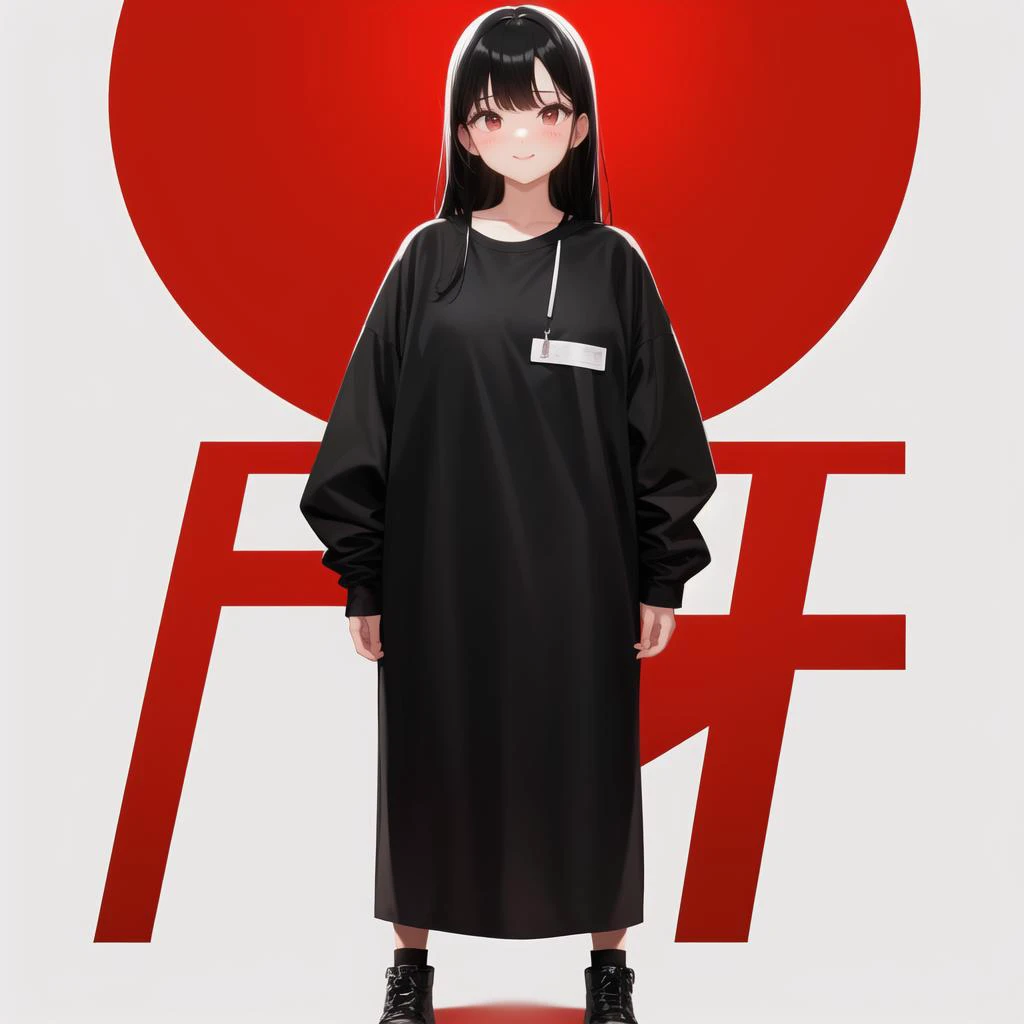 cute face, black hair, full body, red skin, oversized clother, standing ,