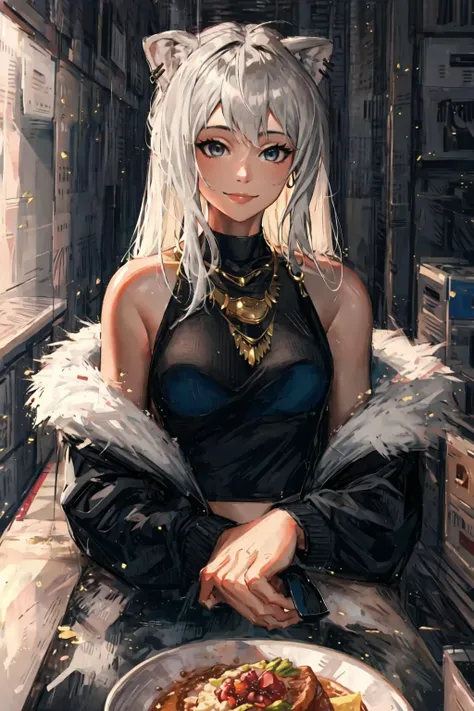 Highly detailed, High Quality, Masterpiece, beautiful, sharp focus, shiny skin, best quality, perfect anatomy:1.4, high detailed, 8k, highres, lineart, sketch, (masterpiece:1.4), (highest quality:1.4), (sharp focus:1.2), (colored:1.3), (digital painting:1.1), 8k wallpaper, (tight gap:1.2), 1girl, mature female, food, simple background, elbows on table, cup, blurry background, indoors, upper body, <lora:Pos_AcrossTable:1>, smile, confident smile, Botan, virtual youtuber 1girl, grey eyes, grey hair, piercing, ear piercing skirt, shirt, bare_shoulders, jewelry, jacket, necklace, off_shoulder, black_jacket, fur_trim, black_shirt, grey_skirt, fur-trimmed_jacket, <lora:Char_VTuber_ShishiroBotan:0.8>, <lora:Style_ThickCoatCG:0.8>, starry, strry light, night, colorful, cloud, star \(sky\), <lora:VFX_lightAndShadow:0.7>