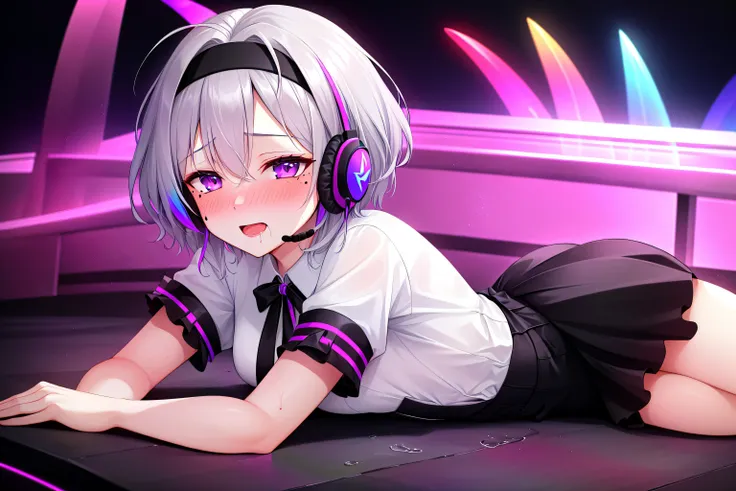 1girl, gray hair, short hair, mole on cheek, headband, headset, blousel, rolled up sleeves,black formal skirt, very happy, violet neon lighting, security, confidence, imposing, charisma, ambition, detailed background ,lying down, resting,face down, nightclub ,(flushed, drunk ),((blush)),(((vomiting rainbows)))