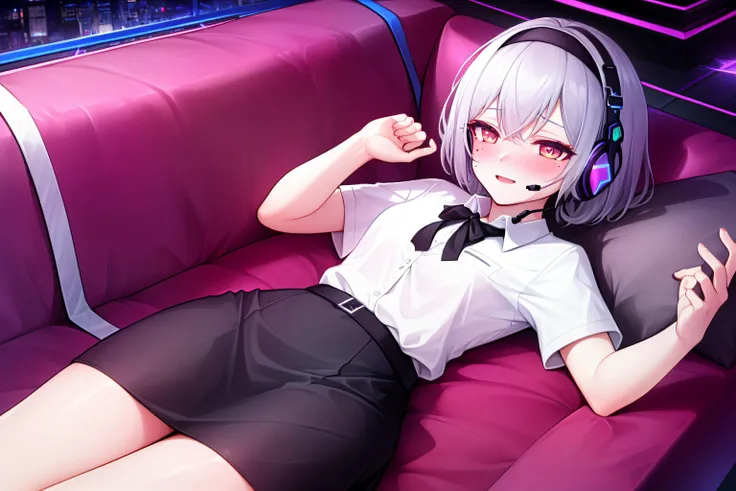 girl, gray hair, short hair, mole on cheek, headband, headset, blousel, rolled up sleeves,black formal skirt, very happy, violet neon lighting, security, confidence, imposing, charisma, ambition, detailed background ,lying down, resting,, sofa, nightclub ,(flushed, drunk ),((blush))