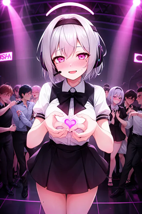 girl, gray hair, short hair, mole on cheek, headband, headset, blousel, rolled up sleeves,black formal skirt, very happy, violet neon lighting, security, confidence, imposing, charisma, ambition, (detailed background) , several people, nightclub ,(flushed, drunk) , (((blush))) ,incoming Hug