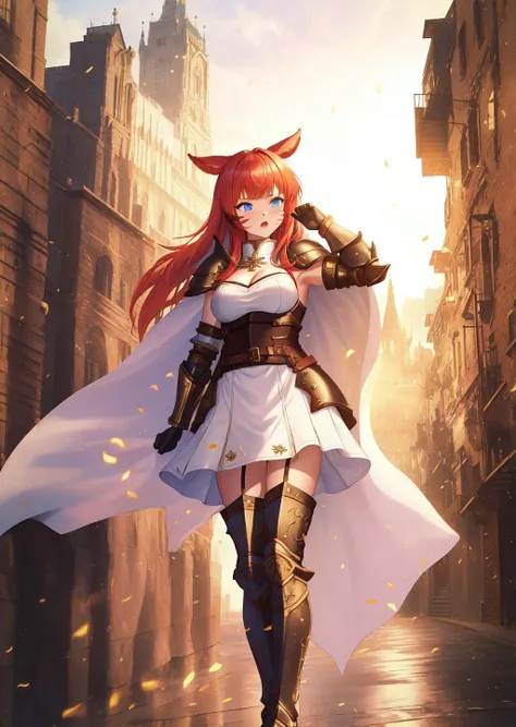 {{masterpiece}}, {highres}, (very detailed background:1.0), (highly detailed background:1.0), (imperal city, medieval city:1.2), 1girl, red hair, (((miqo'te, white cape, full armor))), (white armor, white armored boots, full body), (blue eyes), (medium breasts), dynamic pose, night, happy, ((facial marks)), facing front, dynamic angle, sfw, <lora:lightAndShadow_v10:0.7>