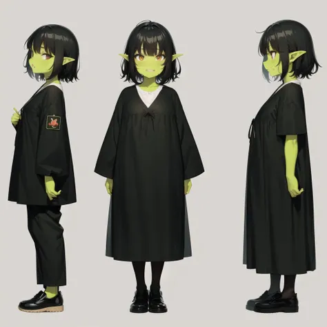 cute face, goblin, black hair, full body, green skin, oversized clother, standing