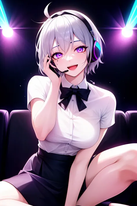 girl, gray hair, short hair, mole on cheek, headband, headset, blouse, black formal skirt, looking at viewer, very happy, violet neon lighting, security, confidence, imposing, charisma, ambition, close-up, detailed background , vodka, sitting, detailed background,nightclub