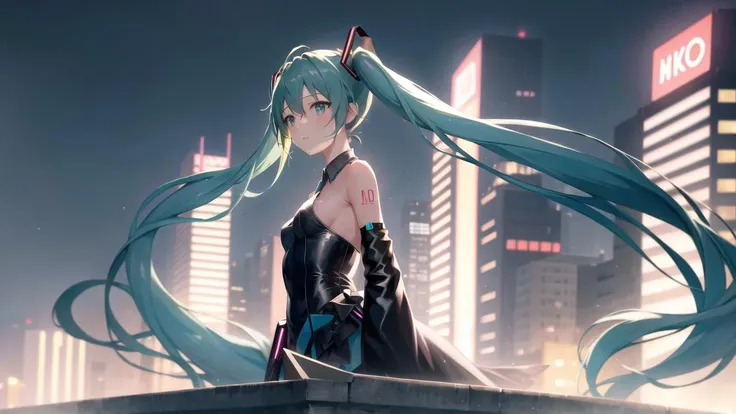 masterpiece, best quality, high definition, 1girl, solo, hatsune miku, soft smile, small breasts, wear loose summer black gown, outside, big city, neon, architecture, big background