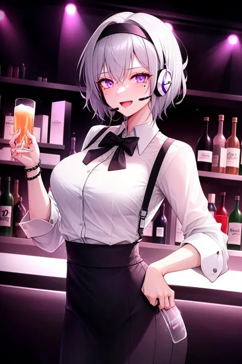 girl, gray hair, short hair, mole on cheek, headband, headset, blouse, black formal skirt, very happy, violet neon lighting, security, confidence, imposing, charisma, ambition, detailed background , placing an order at the bar, nightclub