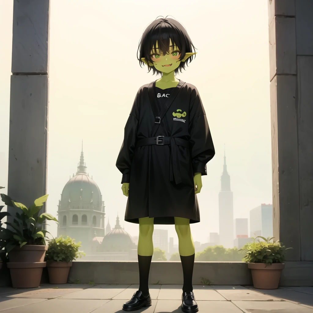 cute face, goblin, black hair, full body, green skin, oversized clother, standing , small size, solo,