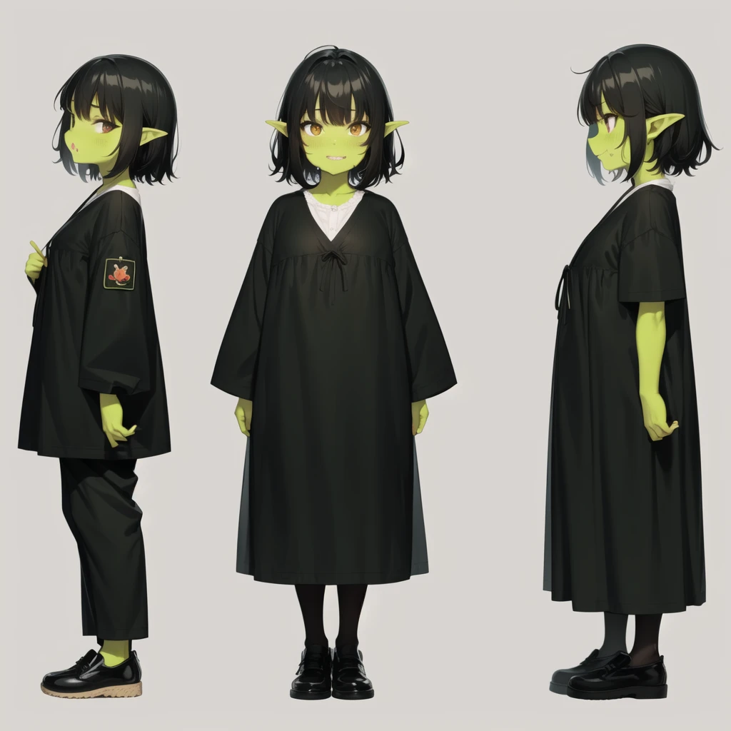 cute face, goblin, black hair, full body, green skin, oversized clother, standing
