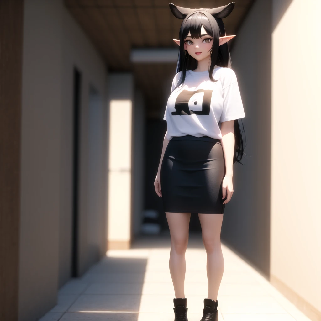 cute face, black hair, full body, oversized clother, standing, gril , elfs ears, oversized T-shirts, 3d
