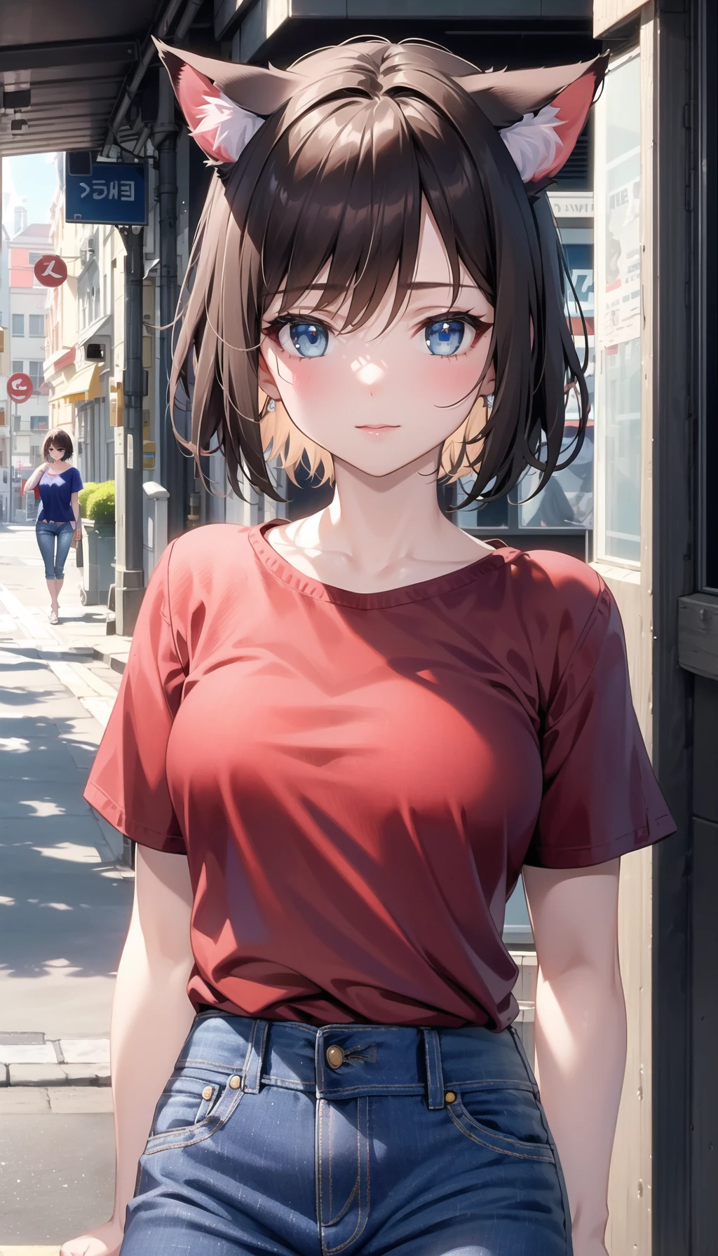 masterpiece , a girl with cat ears, on the street , ( lite brown short hair:1.2), (blue eyes:1.2), (red shirt:1.2), (blue jeans:1.4), (looks at the viewer:1.2) ,
(8k, best quality 1.2), ultra-detailed, 8k uhd,
soft lighting, high quality, film grain, beautiful lighting,
cinematic ,perfect body , best illumination, best shadow, sharpness, contrast,