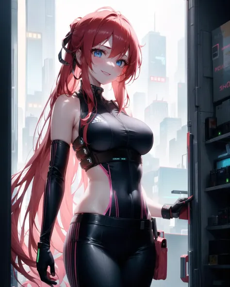 masterpiece , a girl , red very long hair , blue eyes ,  gradient , perfect figure , athletic body ,( techwear:1.2) , cyberpunk , future , moderne , in cyberpunk city, lite smile , detailed face ,

(8k,  best quality 1.2),  ultra-detailed, 8k uhd,
soft lighting, high quality, film grain,   beautiful lighting,
(cinematic:1.2) ,perfect body , best illumination, best shadow,  sharpness, contrast,