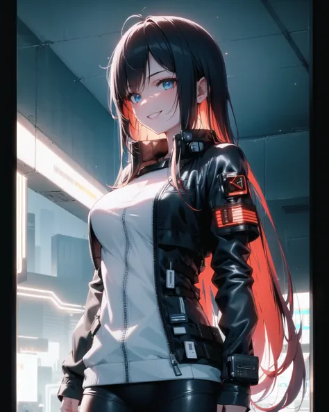 masterpiece , a girl , red very long hair , blue eyes ,  gradient , perfect figure , ( techwear:1.2) , cyberpunk , future , moderne , in cyberpunk city, lite smile , detailed face ,

(8k,  best quality 1.2),  ultra-detailed, 8k uhd,
soft lighting, high quality, film grain,   beautiful lighting,
(cinematic:1.2) ,perfect body , best illumination, best shadow,  sharpness, contrast,