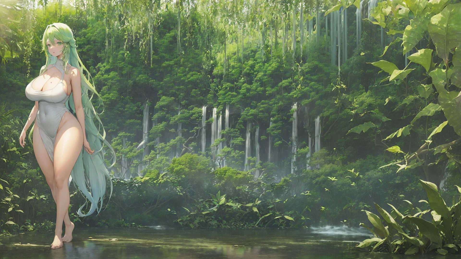 ((ray tracing:1.0), (warm light:1.2):1.4),
((watercolor on paper:1.0), (blending:1.0), (3D:0.8):1.2),
(sky focus:1.2), (cloud:1.0), (desolate landscape:1.2):1.2)
(full body:1.2),, ((((1girl:1.0), (solo:1.0):1.0), (curvy:1.2), ((extra long hair:1.0), (gradient hair:1.2), (wind blowing:1.0), (open forehead:1.0):1.4), ((beautiful detailed eyes:1.0), (expressionless eyes:1.0), (green eyes:1.0):1.4), (large breasts:1.4), ((extremely detailed girl:1.0), (intricate detail:1.0):1.0):1.0), (wide hips), (big ass), (tropical forest), (waterfall)
