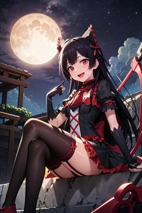 (masterpiece), (best quality),highres, ultra detailed, professional lighting, photography, <lyco:ShinyOiledSkin_v20-LyCORIS:0.3> , mix4 <lora:mix4:0.3> ,adult , perfect skin,model, night, giant moon, 1girl, solo, <lora:chara_GATEJietai_RoryMercury_v1:0.8>, rory mercury, view from below, smug, smile, open mouth, red eyes, black hair, long hair, gothic, ribbon, hair bow, garter straps, thighhighs, lipstick, gauntlets, puffy sleeves ,sitting, detailed background, clear sky, stars, scythe