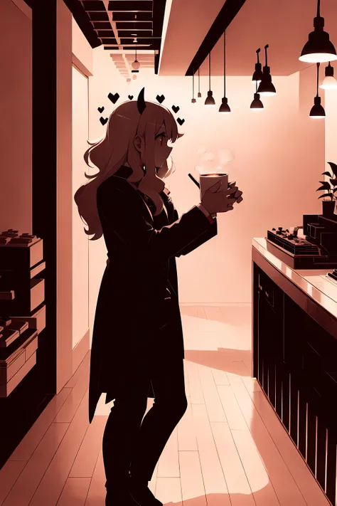 best quality, masterpiece, best shadow, shade, beautiful lighting, High Contrast,   modeus with heart shapes and heart shaped pupils, coffee shop, night, colored lights , <lora:helltakerFullHaremAnd_v1:1>,formal wear