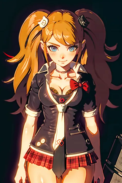 <lora:junko-enoshima-lora-3-10:1>, junko enoshima, blonde long hair, 1girl, twintails, solo, breasts, blue eyes, cleavage, collarbone, large breasts, bangs, blush, closed mouth, smirk, looking at viewer, upper body, bear hair ornament, nail polish, red nails, red bow, black shirt, underwear, choker, black bra, sleeves rolled up, white necktie, pleated plaid red skirt, school uniform, black cross-laced knee boots, shiny, shiny hair, botw style, <lora:botw_style_offset:1>