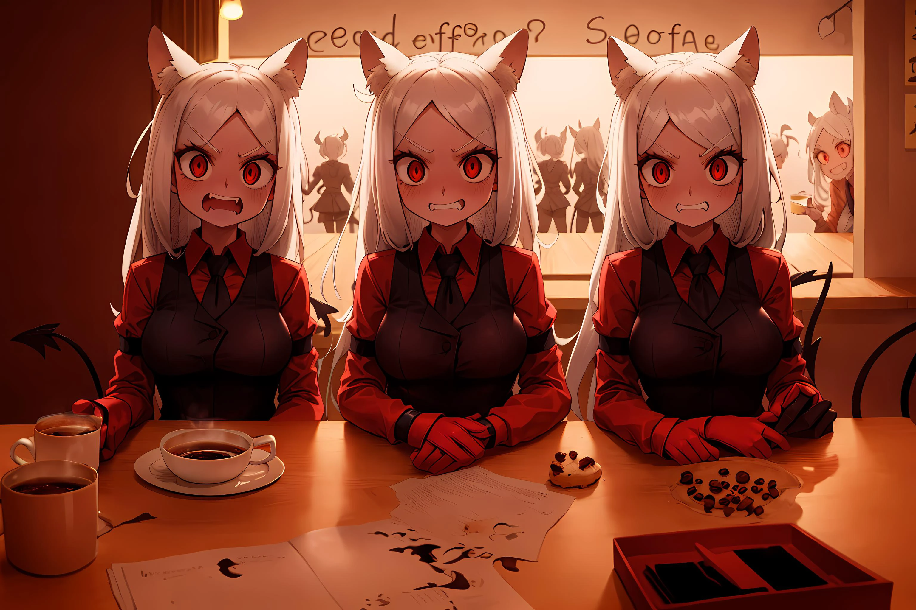 best quality, masterpiece, best shadow, shade, beautiful lighting, 3girls,cerberus \(helltaker\), riffle, angry, red eyes, (glowing eyes:0.6), coffee shop, night, colored lights , <lora:helltakerFullHaremAnd_v1:1>,formal wear, very happy, watching the viewer, <lora:add_detail:0.3>
