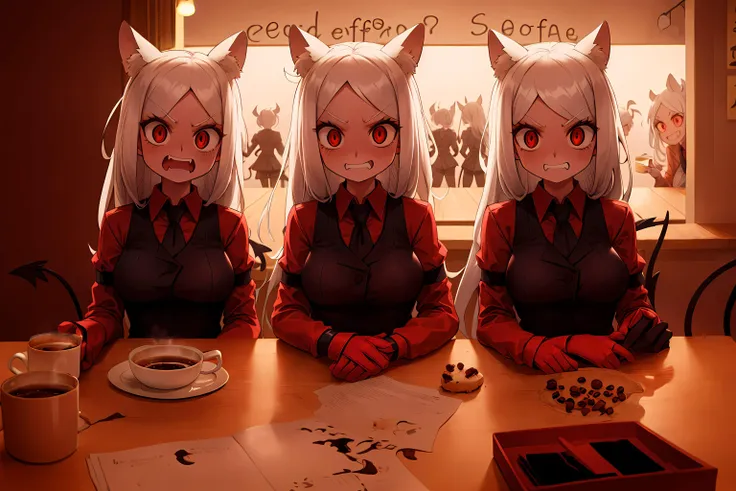 best quality, masterpiece, best shadow, shade, beautiful lighting,  3girls,cerberus \(helltaker\),  riffle, angry,  red eyes, (glowing eyes:0.6), coffee shop, night, colored lights , <lora:helltakerFullHaremAnd_v1:1>,formal wear, very happy, watching the viewer,  <lora:add_detail:0.3>