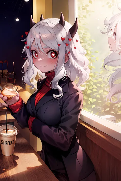 best quality, masterpiece, best shadow, shade, beautiful lighting,  modeus with heart shapes and heart shaped pupils, coffee shop, night, colored lights , <lora:helltakerFullHaremAnd_v1:1>,formal wear, very happy, watching the viewer,  <lora:add_detail:0.3>