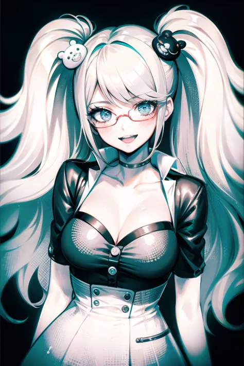 <lora:junko-enoshima-lora-3-10:1>, junko enoshima, blonde long hair, 1girl, twintails, solo, breasts, blue eyes, cleavage, collarbone, large breasts, bangs, open mouth, smile, blush, upper teeth only, looking at viewer, upper body, bear hair ornament, shiny, shiny hair, high contrast, vibrant colors, (white dress), (glasses), correct anatomy, (five fingers), (beautiful hands), correct hands, (peace sign:1.3)