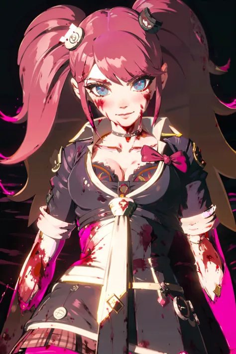 <lora:junko-enoshima-lora-3-10:1>, junko enoshima, blonde long hair, 1girl, twintails, solo, breasts, blue eyes, cleavage, collarbone, large breasts, bangs, blush, closed mouth, smirk, looking at viewer, upper body, bear hair ornament, nail polish, red nails, red bow, black shirt, underwear, choker, black bra, sleeves rolled up, white necktie, pleated plaid red skirt, school uniform, black cross-laced knee boots, shiny, shiny hair, botw style, (blood, bloody, bloody clothes, gore, hurt:1.5), (pink blood:2) <lora:botw_style_offset:1>
