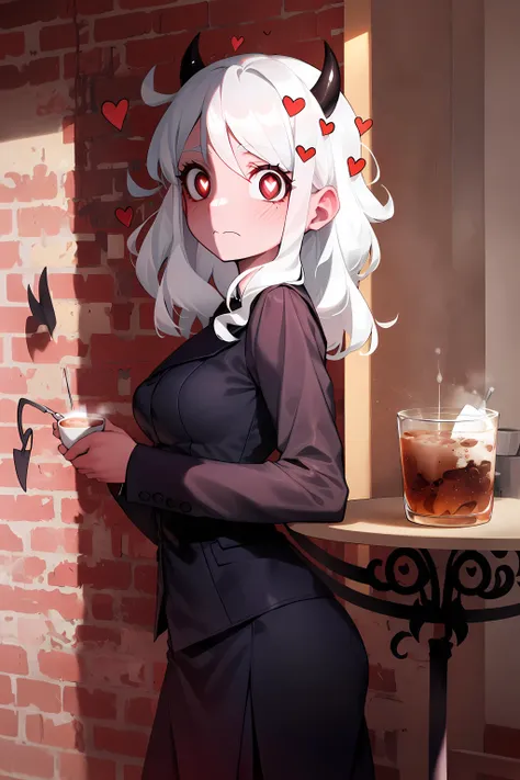 best quality, masterpiece, best shadow, shade, beautiful lighting,  modeus with heart shapes and heart shaped pupils, coffee shop, night, colored lights , <lora:helltakerFullHaremAnd_v1:1>,formal wear