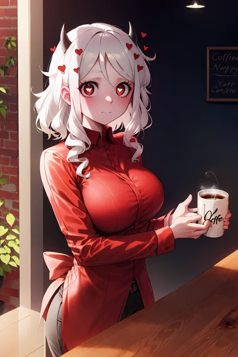 best quality, masterpiece, best shadow, shade, beautiful lighting,  modeus with heart shapes and heart shaped pupils, coffee shop, night, colored lights , <lora:helltakerFullHaremAnd_v1:1>,formal wear