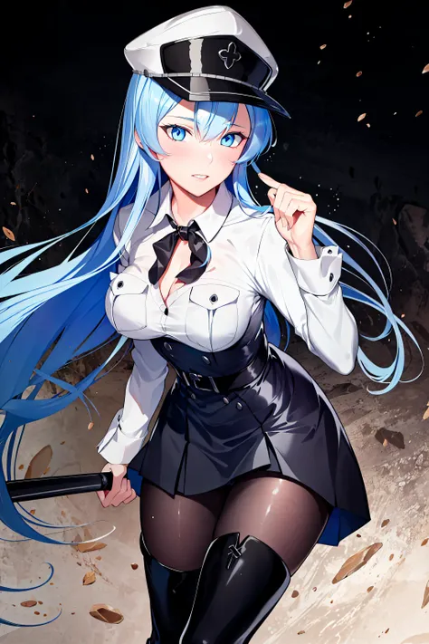 (masterpiece), (best quality),highres, ultra detailed, professional lighting, photography, esdeath, long hair ,blue hair, blue eyes, <lora:esdeath1:0.8>,formal wear, blouse, peaked cap, thigh boots, black belt ,black dress, black tie,black pantyhose, looking at viewer, goddess, detailed background, gala party, glamor, <lora:virgin_killer_outfit:1>