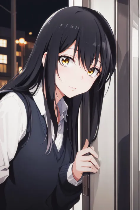 (masterpiece), (best quality),highres, ultra detailed, yotsuya miko, <lora:mieruko-chan_v0.3b:0.8>, school uniform, horror \(theme\), dark aura, black hair, long hair, fear face, park, detailed background, night