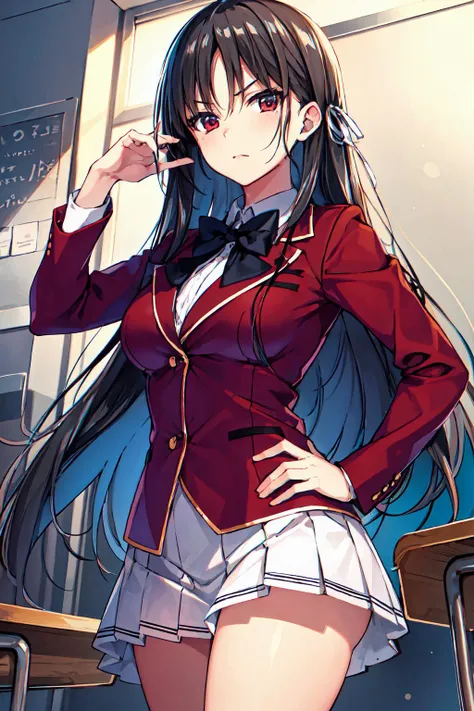 <lora:Horikita:0.7>, masterpiece, hires, a woman in red school uniform, black hair, red eyes, classroom masterpeace, best quality, highly detailed faces, cowboy shot, hand on hip