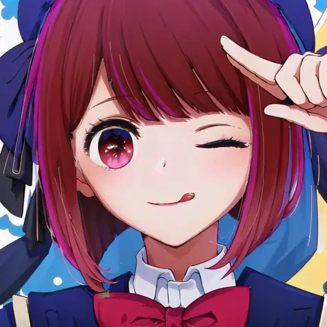 <lora:Genshin Icon:0.8>, genshin, looking at viewer, smile, simple background, one eye closed, tongue, tongue out, close-up, salute, two-finger salute, (masterpiece, best quality:1),
<lora:kanav1:1>,short hair,kanaarima, hat, blue headwear, beret, shirt, long_sleeves, school_uniform, bowtie, pink bow,