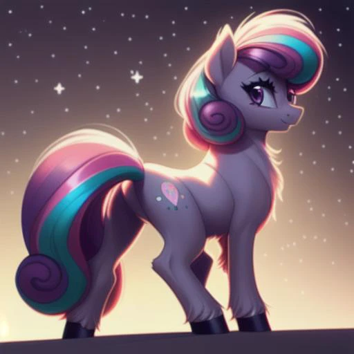 <lora:pony_maker_v10_style:1> score_9, score_8_up, score_7_up, score_6_up, score_5_up, score_4_up, (((feral pony))) (masterpiece), (raytracing), (cinematic lighting), triadic lighting, High Definition, light particles, fluffy:1, (masterpiece, best quality:1.1), ((fluffy tail)), (((perfect anatomy))), (((pony))),, ((flurry heart:1)) ((alicorn))