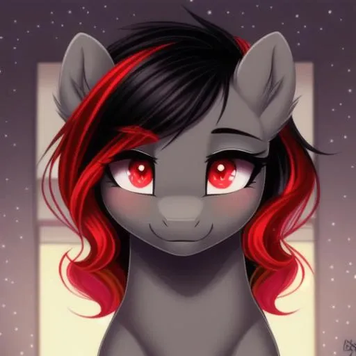 <lora:pony_maker_v10_style:1> (((feral pony))) (masterpiece), (raytracing), (cinematic lighting), triadic lighting, High Definition, light particles, fluffy:1, (masterpiece, best quality:1.1), ((fluffy tail)), (((perfect anatomy))), (((pony))),, feral pony, portrait, ((bedroom)), ((socks)) (masterpiece), (raytracing), (cinematic lighting), triadic lighting, High Definition, light particles, (shading), ((((smooth dark gray fur)))), red glowing clear eyes ((shiny fur pony body)), (((glowing clear red eyes))), ((pony)), ((long wavy black hair)), ((four hooves)) female, mare, {my little pony}, blush ((black tail)), (((cute))), (((pony))), ((sexy)) ((small red highlights)) (((pony))), ((sexy)), ((clear eye's)), ((red eye colour)), ((dark grey fur colour)), (((cute))), ((((realistic)))