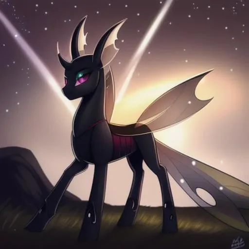 <lora:pony_maker_v10_style:1>  (((feral changeling)) (masterpiece), (raytracing), (cinematic lighting), triadic lighting, High Definition, light particles, fluffy:1, (masterpiece, best quality:1.1), ((fluffy tail)), (((perfect anatomy))), (((changeling))), (((changeling)))