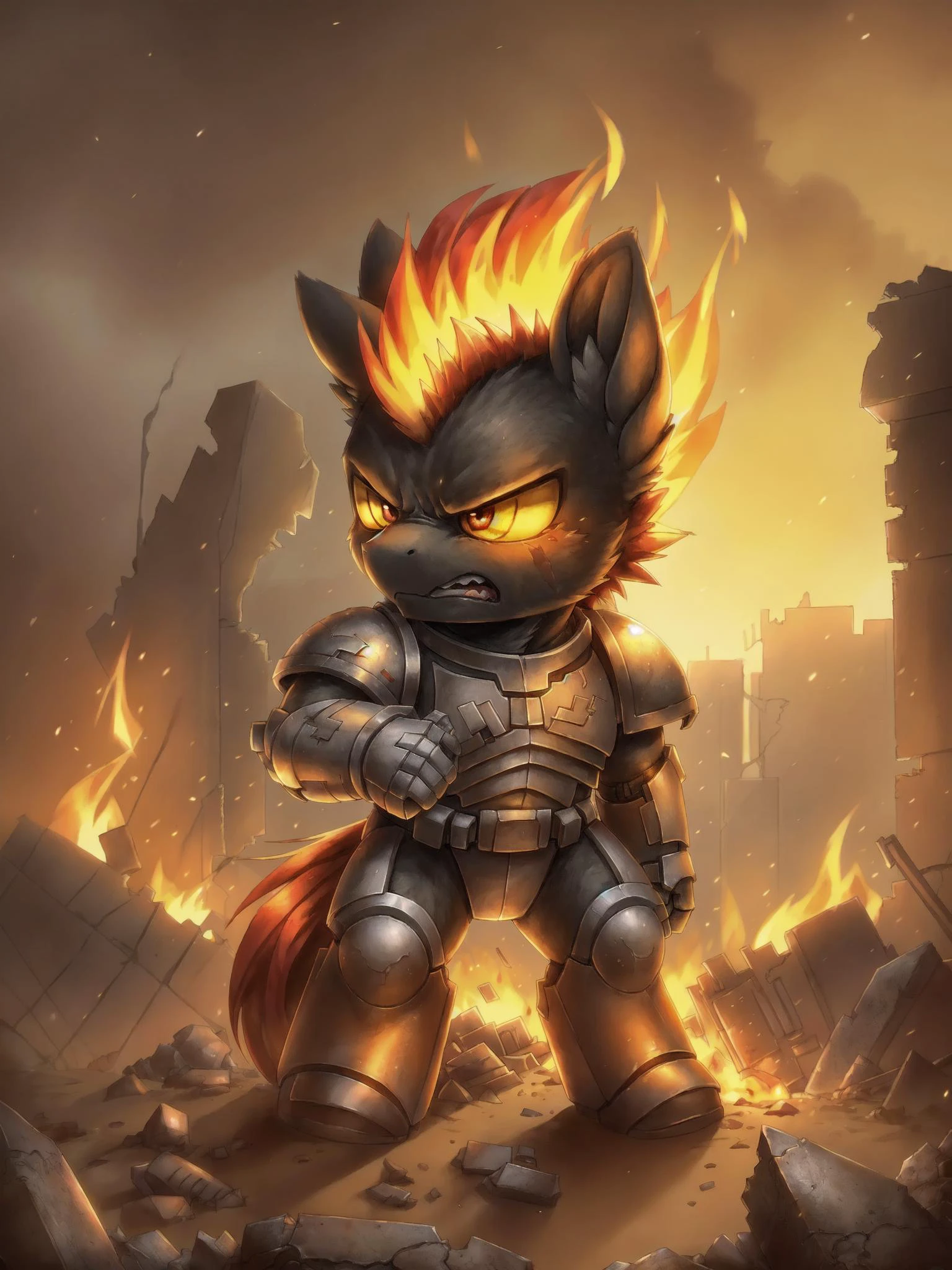 <lora:pony_maker_v10_style:1> <lora:Primarismarines4:0.5> Pony, Chibi, Wearing primaris armor, Angry expression, firey red mane, flaming mane, black fur, soft fur, fluffy fur, in a warzone, ruined buildings, rubble, broken machines, fire, smoke.