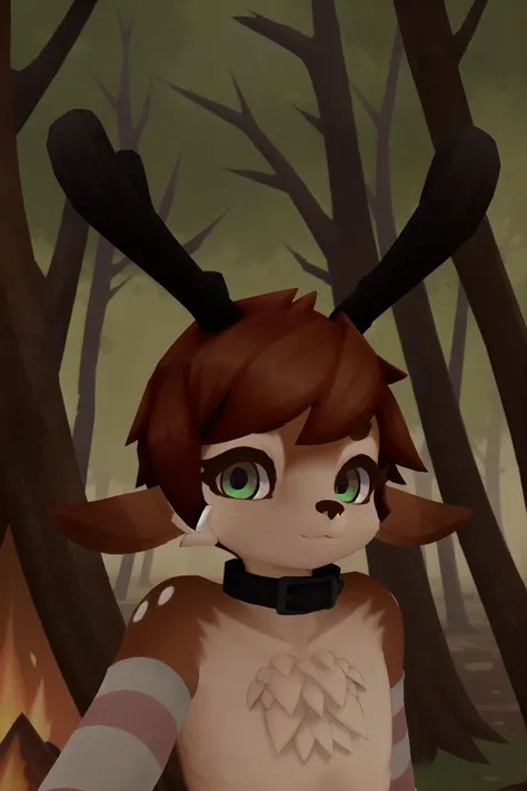 amazing photograph, masterpiece, best quality, absurdres, high detail, ultra detail, intricate detail, sharp focus, character focus, (photorealistic:1.4), (realistic fur texture, realistic fur), BREAK, amazing portrait of ZyreDeerboi, furry, anthro, deer, 1boy, from front, deer ears, torso shot, face shot, red hair, brown fur, tan fur on chest and face, deer facial features, cute, green eyes, fawn spots, pink and white striped detached sleeves, black leather collar, antlers, <lora:Zyre_Deerboi:0.7>, (standing in a forest next to a camp fire:1.3), (torso shot, close up:1.2)